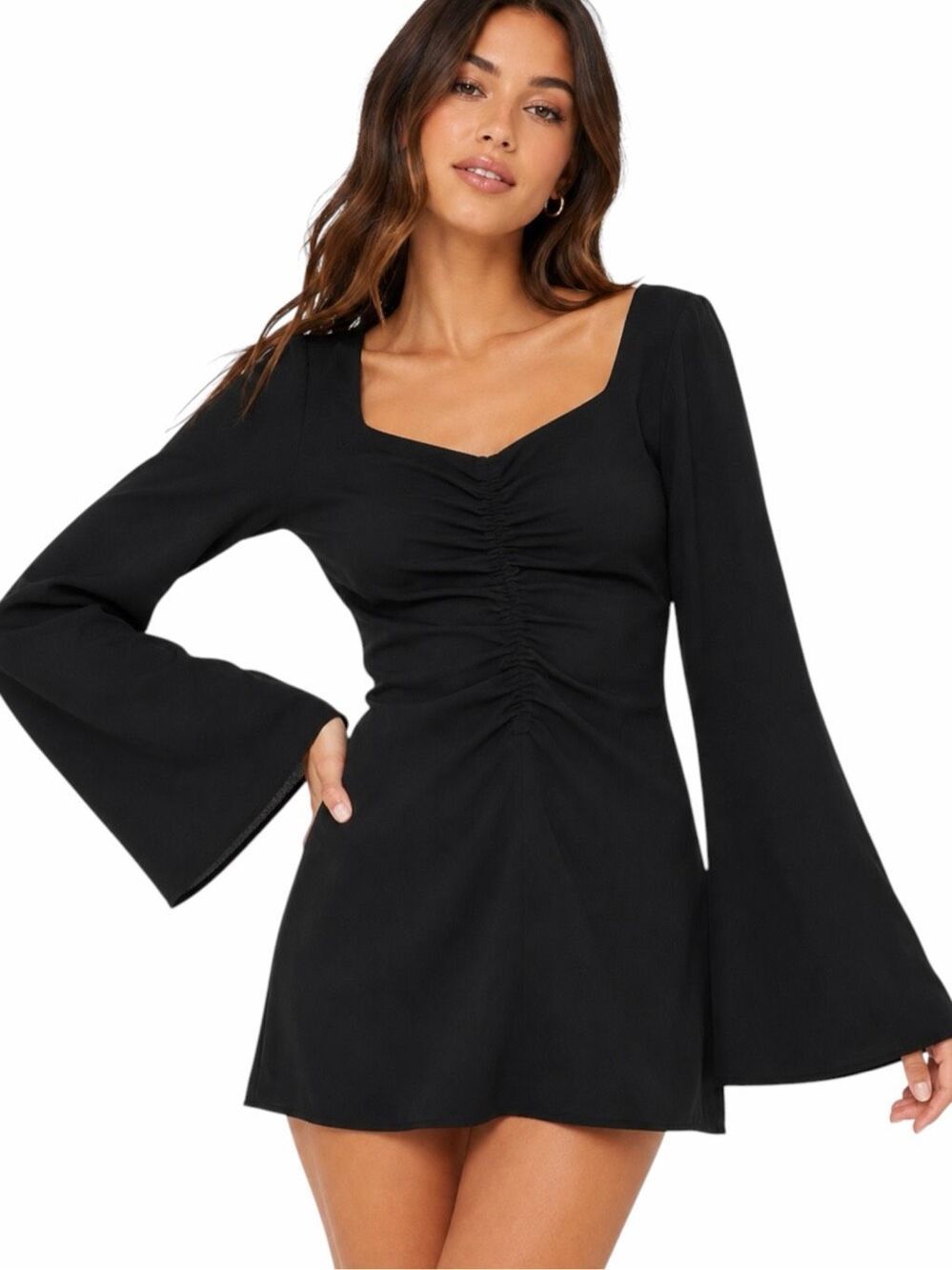 ZARA Black Ruched Bell Long Sleeve Mini Dress Square Neck Women’s Size Large
